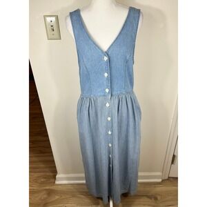 VTG 90s Truly Yours Denim Jumper Dress Women 6P Pinstripe Button Front Modest